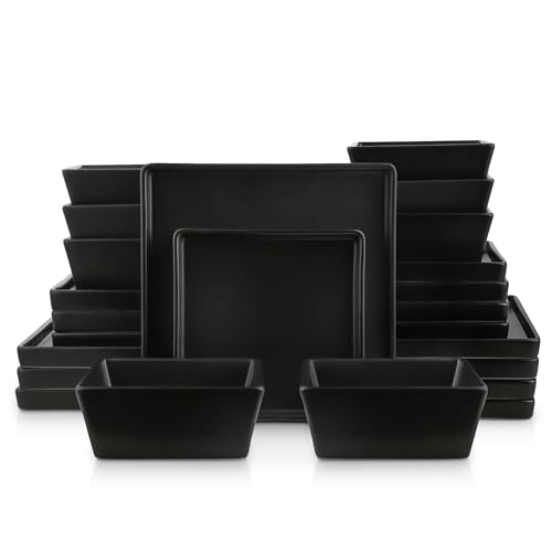 Image of Stone Lain 24 Pieces Stoneware Square Dinnerware Set, Black Matte