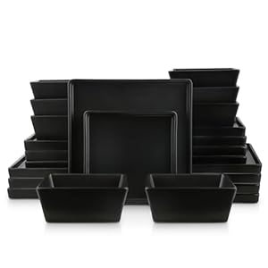 Stone Lain 24 Pieces Stoneware Square Dinnerware Set, Black Matte