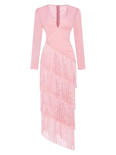 Robe soirée pour festes style bohème à manches longues et franges - 4