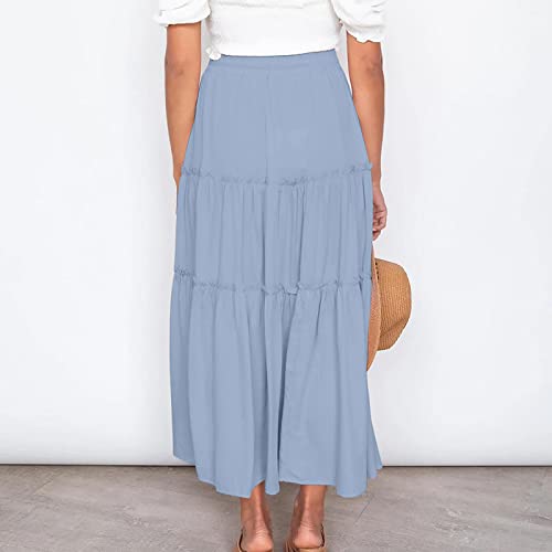 Women's Boho Long Skirts Summer Elastic High Waist A-Line Pleated Flowy Ruffle Hem Swing Beach Holiday Maxi Skirt4
