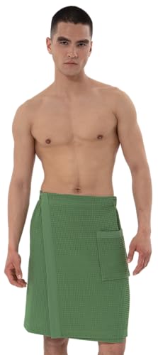SEYANTE Mens Organic Waffle Spa Wrap GOTS Certified 100% Turkish Cotton Adjustable Closure Same-Color Piping Green Size XX-Large