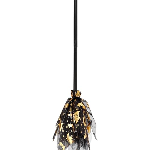 Plastic Witches Broom for Kids, Dancing Broomstick with Ribbons, Fall Halloween Outdoor Decorations, Masquerade Party Supplies, Favor Photo Booth Accessories (C Gold, 30cm*15cm)