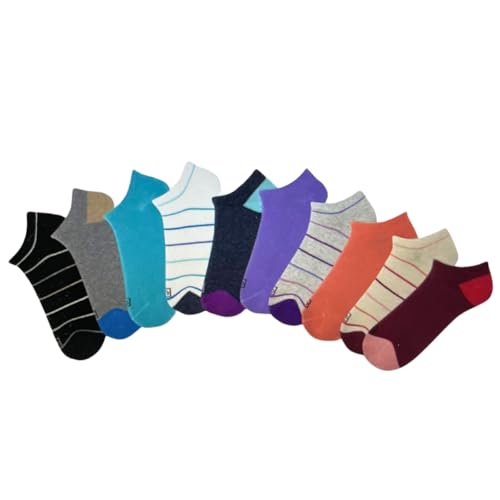 Image of K BELL No Show Socks, 10 Pairs, Assorted Solids and Stripes, Fits Shoe Sizes 5.5-10