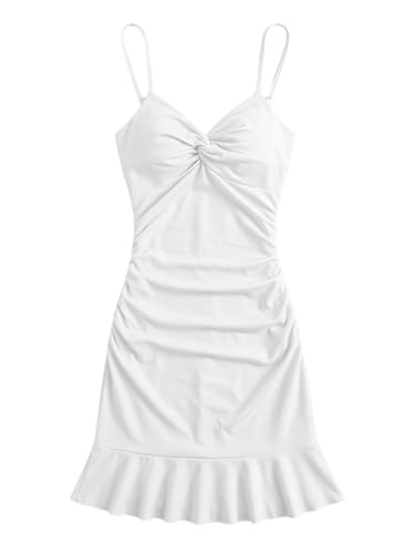 Image of Floerns Women's Summer Tropical Twist Front Ruched Ruffle Hem Bodycon Cami Dress