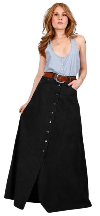 tripursundari fashion Z Black Buttoned A-Line Full Length Denim Woman Skirt-picture-36