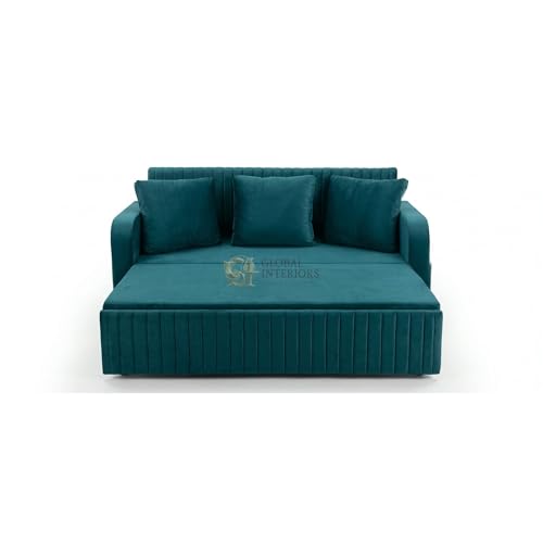 Image of Metal Frame Sofa Cum Bed with Full Cushion | Premium Velvet Fabric 3 Seater Pull-Out Sofa Bed | Space Saving Convertible Couch for Living Room | Modern Teal Color Sofa Bed 6X5 | Comfortable sleeping