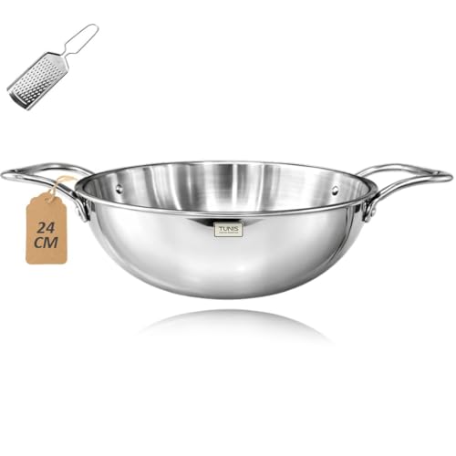 Image of TUNIS 24 Cm (2.4L) Triply Stainless Steel Triply Kadai with Dual Handles | Heavy Gauge Induction & Gas Compatible | Bottom Deep Cooking Woks Kadhai for Frying, Sauteing & Curries | Silver