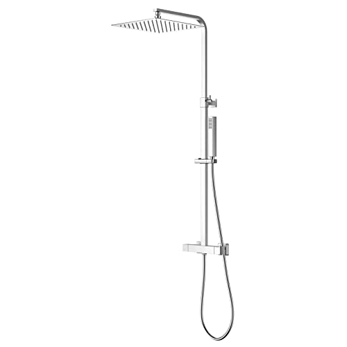 KOMIRO Colonne de Douche Thermostatique, Tête de Douche en Acier Inoxydable 25x25cm, Hauteur Réglable Ensemble de Douche pour Salle de Bain, Mitigeur Douche Thermostatique, Carré