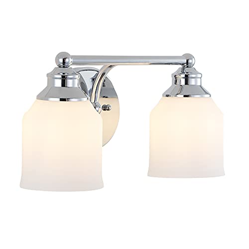 Image of JONATHAN Y 14 inch Chrome Modern Farmhouse LED Vanity Light Wall Sconce Fixture, Frosted White Glass Shade, Dimmable Wall Lamp for Bathroom Mirror Kitchen Sink, UL Listed (JYL7550A)