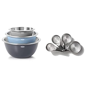 OXO Good Grips 3-Piece Stainless Steel Mixing Bowl Set – Blue/Gray, 4.7L & Good Grips 4 Piece Stainless Steel Measuring Cups with Magnetic Snaps