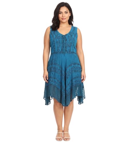Image of Sakkas Sundara Stonewashed Rayon Embroidered Mid Length Dress