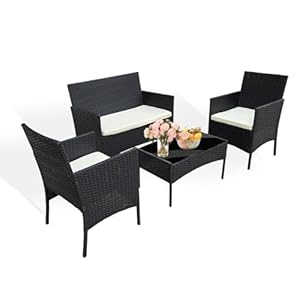 Grennswick 4-Piece Rattan Patio Furniture Set - Outdoor Wicker Sofa & Chairs with Coffee Table, Weather Resistant Garden Conversation Set for Patio, Backyard, or Poolside​ (Black + Beige Cushions)