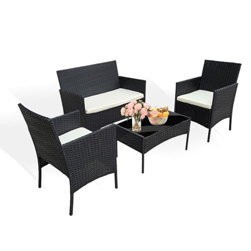 Grennswick 4-Piece Rattan Patio Furniture Set - Outdoor Wicker Sofa & Chairs with Coffee Table,...