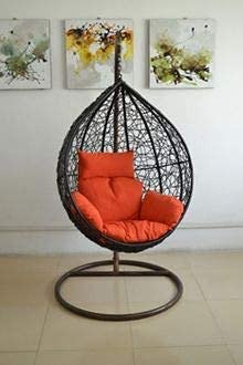Urban Delight Single Seater |Swing Chair with Stand & Cushion & Hook Outdoor Indoor| Outdoor| Living Room | Balcony | Garden | Patio | Home Improvement (Stand-Brown, Basket -Brown, Cushion-Orange)