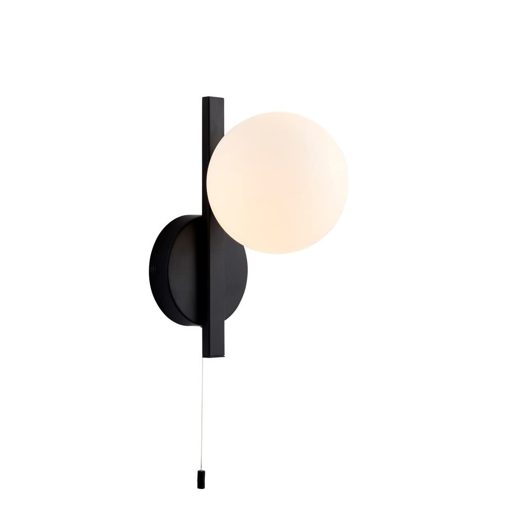 Merano Black Riomaggiore Bathroom Wall Lamp In Matt With Matt Opal Glass - Indoor Modern G9 Pull Cord Lighting - Ip44