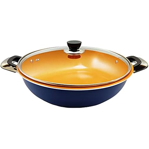 Homatz Wok Pan with Glass Lid & Silicon Pad | 32cm Stir Fry Pan - Wok Non Stick Ceramic Coating, Induction Base, Riveted Handles Aluminium Cover