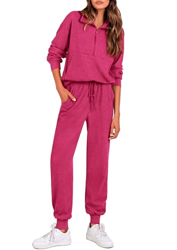 Image of PRETTYGARDEN Women 2 Piece Ribbed Knit Matching Lounge Sets | Comfy Sweat Track Suits, Athleisure Casual Outfit, Half Zip Sweatshirt & Jogger Pants, Fall Winter Clothes for Airport Travel