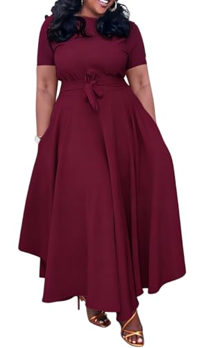 Image of BFFBABY Plus Size Dress A Line Dresses for Women Summer Long Dresses with Sleeve Casual Belted