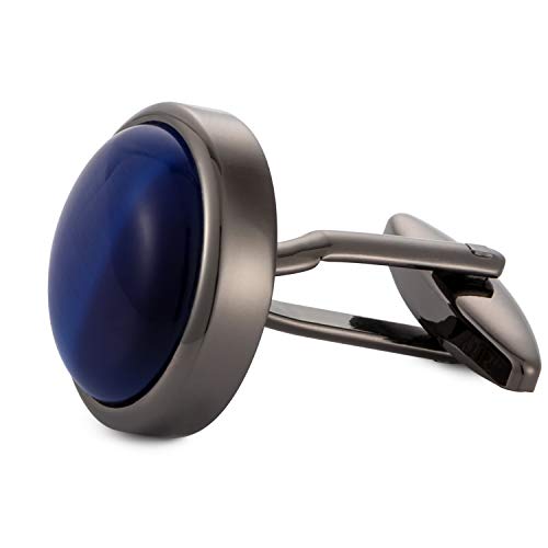 Round Cat Eye Cufflinks for Men Dark Blue Opal Cuff Links in Gun Black Business Shirt2