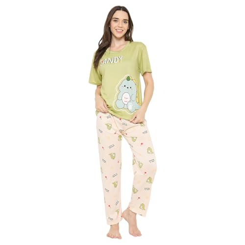 Image of CAMEY Women's Printed Pyjama Set, Short Sleeve T-Shirt and Trousers, Women Nightsuit, Loungewear Sets