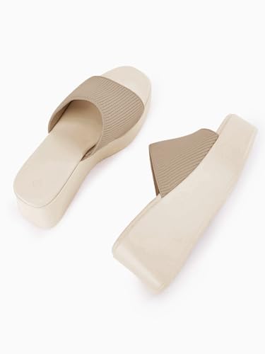 Image of Coutgo Womens Platform Slides Sandals Square Open Toe Slip On Elastic Band Casual Lightweight Wedge Shoes