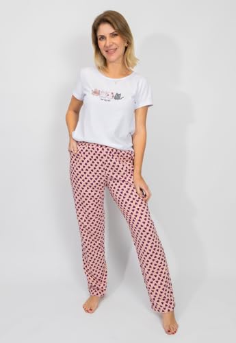 Pijama Feminino Adulto Manga Curta Algodão – Branco e Rose (BR, Alfa, 4G, Regular, Regular, Branco/R