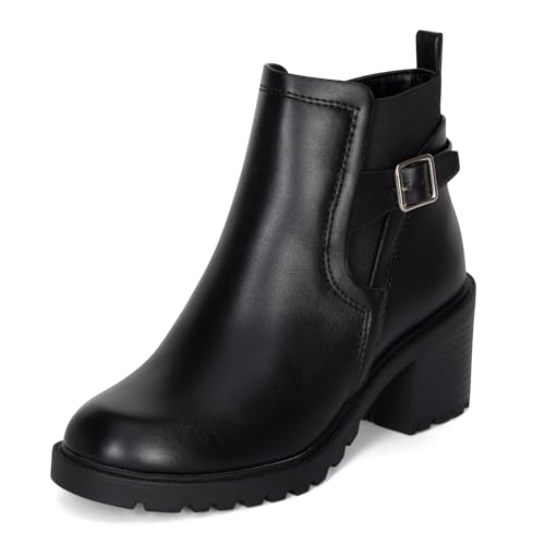 STYLISH S BLAZE ~ Womens Low Chuncky Stacked Heel Ankle Boots Elastic Gore with Buckle and Zipper