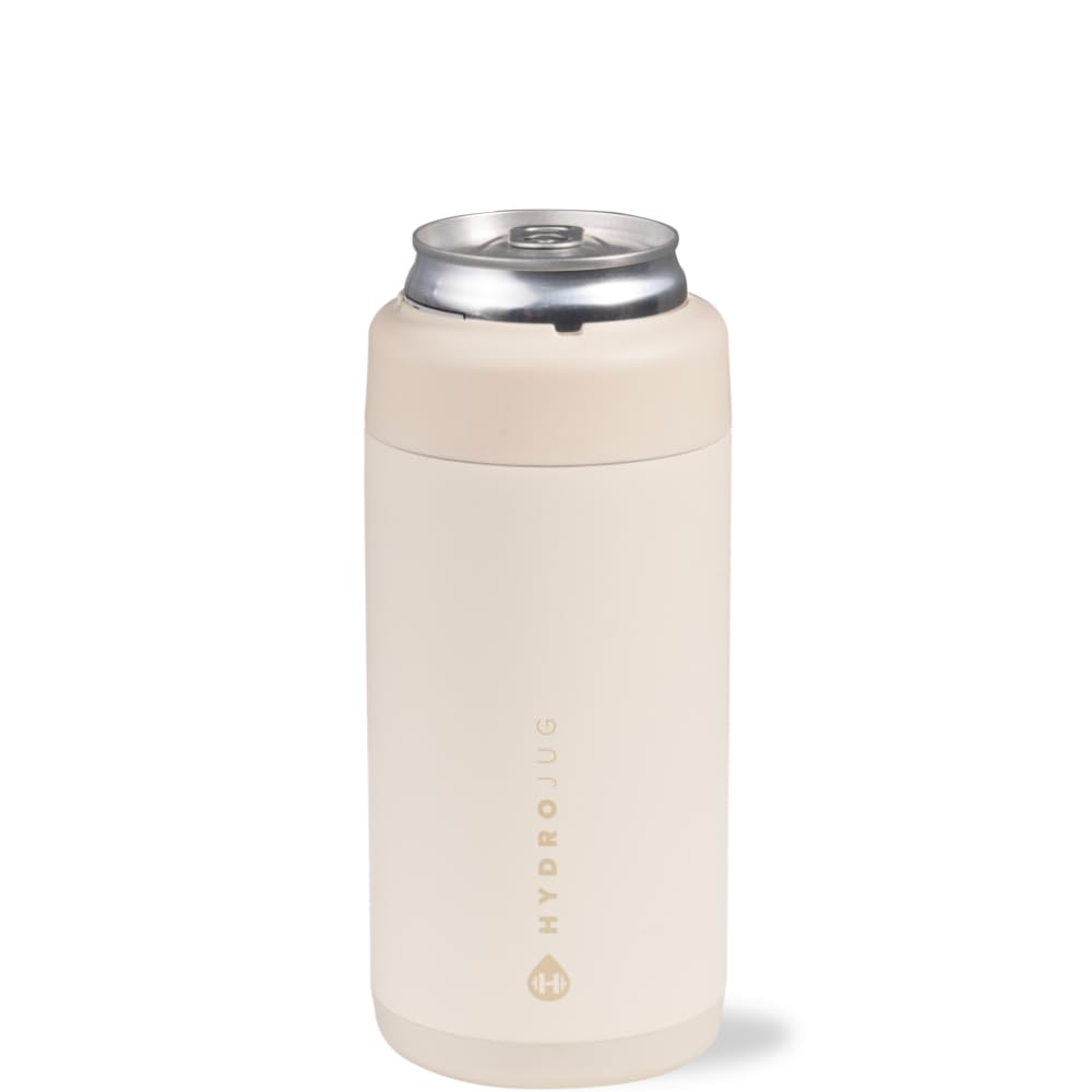 HydroJug Slim Can Cooler - 2-in-1 Insulated Can Cooler Cup - Stainless Steel Slim Can Holder with Non-Slip Rubber Base - Screw-Top Lid - Dishwasher Safe - 12oz, Cream