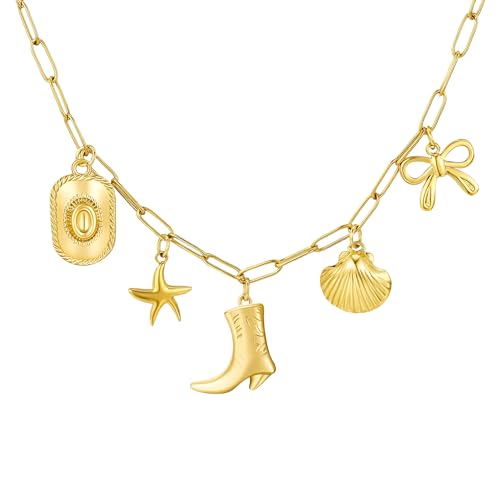 CWZZWS Collar Colgante de Oro de 14k en la Playa para Mujeres y Hombres, Collar Colgante de corazón de Palma de Chile Rojo, Collar de Concha de Vaquero con Colgante frío