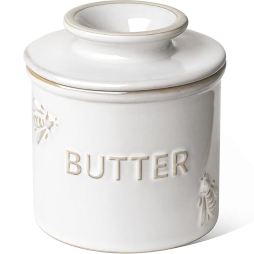 LE TAUCI Butter Crock Butter Dish with Lid Butter Container for Counter with Water Line Embossed French Butter Keeper for Spreadable Butter Suit For Housewarming - Set of 1 Arctic White Bee