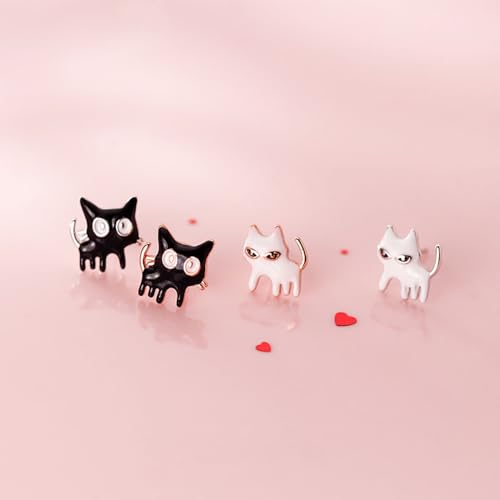 SLUYNZ Sterling Silver Cat Earrings Studs for Women Teen Girls Black White Cat Studs Earrings Cute Animal Earrings4