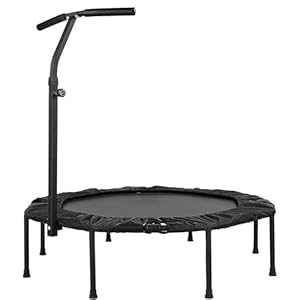 Foldable Fitness Trampolines 50 inch, Ø128cm Mini Trampoline Indoor/Outdoor, Quiet Rubber Rope Suspension, Height-Adjustable Handles, 150kg Load Capacity for Adults Jumping, Training, Black
