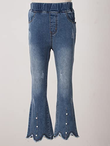 Aislor Girls Casual Elastic Waist Tassel Irregular Hem Beads Flared Jeans Kids Distressed Denim Bell Bottom Trousers4