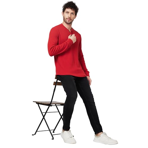 Image of Spykar Henley Neck Full Sleeve Orange Solid T-Shirt for Men