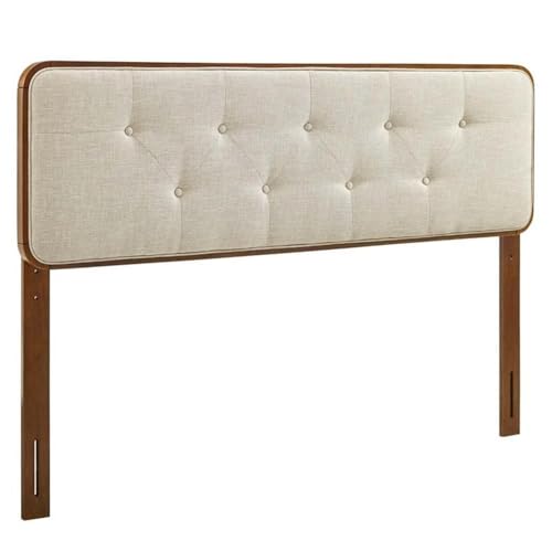 Pemberly Row Tufted Full Fabric and Wood Headboard, Walnut and Beige Finish, Button Tufted Design, Rubberwood and MDF Construction, Dense Foam Padding, Mid-Century Style for Bedroom Decor, 57"W x 48"H