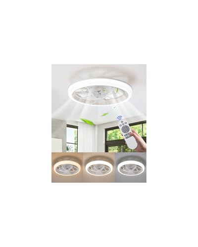 Kwinmyso 18.9" Modern Ceiling Fan with Light and Remote Control,Flush Mount Low Profile Dimmable Ceiling Fan,Stepless Dimming Light and 6 Speeds Fan-825 White