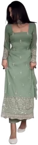 Women's Beautiful Foux Gorgette thread with Sequnce Salwar Suit For Women Readymade Salwar Suit Set Semi-Stitched Top and Duppata For Any Occasion (IN, Alpha, S, Regular, Women, Mint Green)
