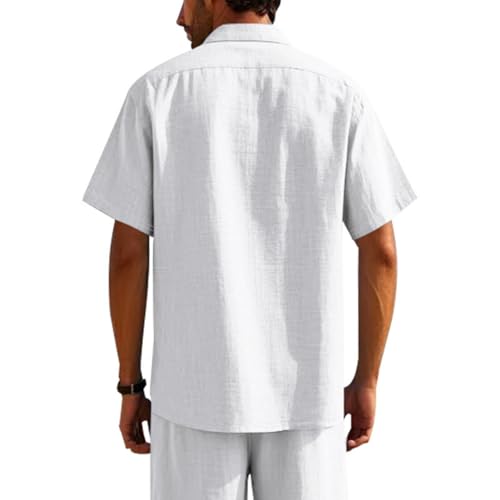 VLOYSR Chemise Homme Manches Courtes Regular Fit Chemise en Lin pour Hommes Couleur Unie Boutonnée Été Respirant Chemises de Plage Casual Coupe Shirts avec Poche 02-Blanc XL – vue 4