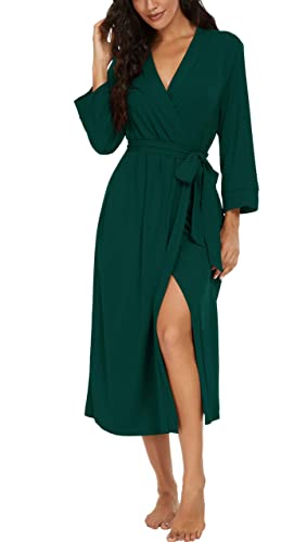 PrinStory Women Kimono Robes Long Knit Bathrobe Soft Womens Dressing Gowns V-Neck Sleepwear Casual Ladies Loungewear (Dark Green, L)