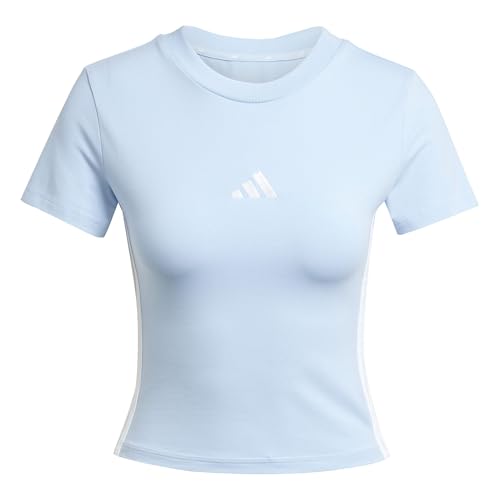 adidas Women's Essentials 3 Stripes Slim Baby Shirt, Glow Blue/White, XL