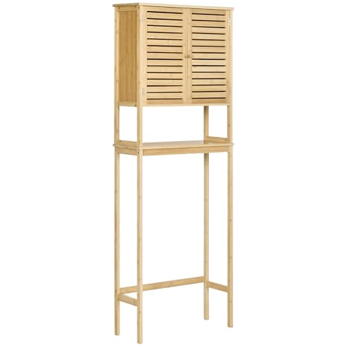 kleankin Étagère de Toilettes Meuble de Salle de Bain Dessus Toilette WC avec Placard 2 Portes et étagère Ouverte 60 x 23 x 173 cm Bambou