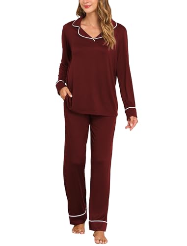 Famulily Ladies Pyjamas Size 14 Long Sleeve Pjs for Women 2 Piece Lounge Wear Sets with Pockets Wine M
