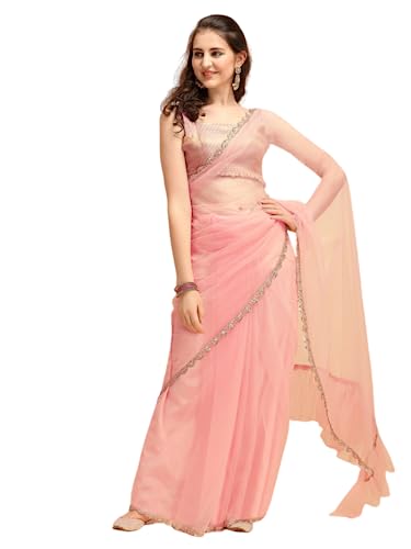 Sari uni à volants rose avec chemisier en taille unique pour femme