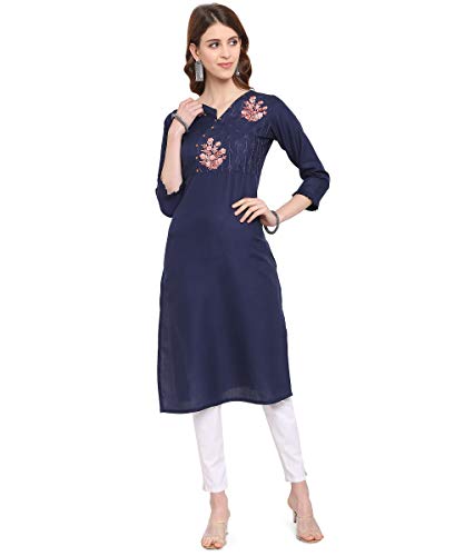 Image of EthnicJunction Women's Cotton Blend Floral Embroidered Straight Kurti (Royal Blue)