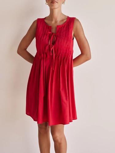 Image of Womens Tie Front Mini Dress Summer Vacation Bow Sleeveless Pleated Casual Loose Babydoll Cover Ups Dresses