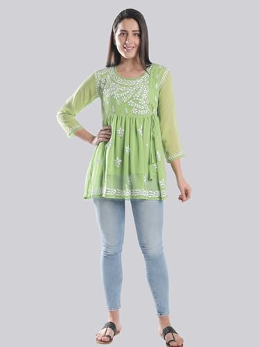 Image of Seva Chikan Hand Embroidered Lucknowi Chikankari Angarkha Georgette Top with Slip for Women SCL4041
