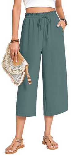Image of Anyhold Women's Capri Pants Drawstring Casual Palazzo Trousers with Pockets Loose High Waisted Wide Leg Lounge Pants