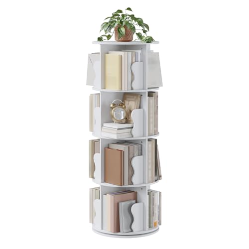 GarveeHome 4 Tier Rotating Bookshelf Tower, Spinning Corner Bookshelf for Small Spaces, Revolving 360° Bookcase Storage Rack Tower, Vertical Rotate Turning Spiral Wood Book Shelf Organizer, White