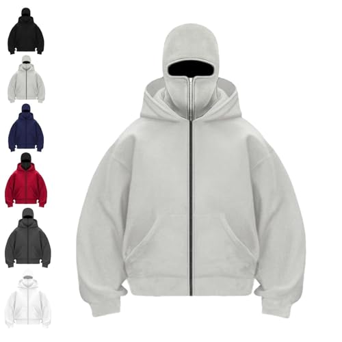 Unisex Balaclava Ninja Zipper Hoodie, Fashion Double Layer Hoodie Hip Hop Outerwear Jacket, Y2k Sweatshirt for Men and Women (Small,Light Gray)