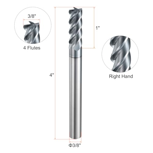 Image of HARFINGTON Carbide Square Nose End Mill Bit 3 /8 inch Cut Dia 4 Flutes TiAlN Coated Milling Cutter for Hardened Steel Metal (3 /8 inch Shank 1 inch Cut Length 4 inch Long 45 Degree Helix HRC53-55)